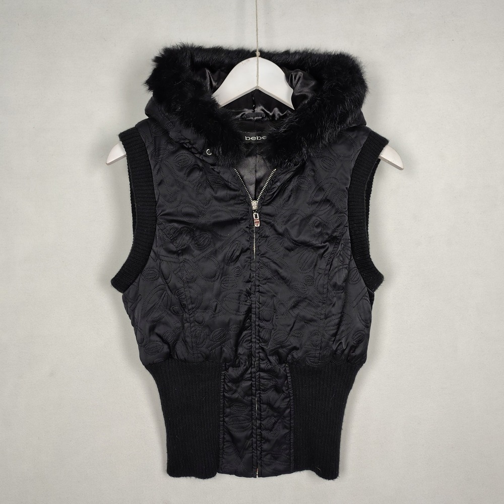 Bebe Black Logo Quilted Puffer Vest Hooded Rabbit Fur Trim Down Fill Womens